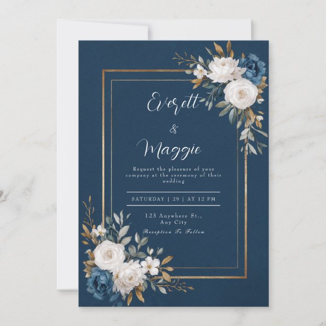 Hochzeit von Navy & Gold Peony Einladung (Vorderseite)
