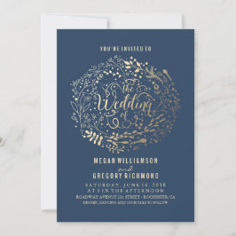 Hochzeit von Navy Imitate Gold Foil Floral Bouquet Einladung