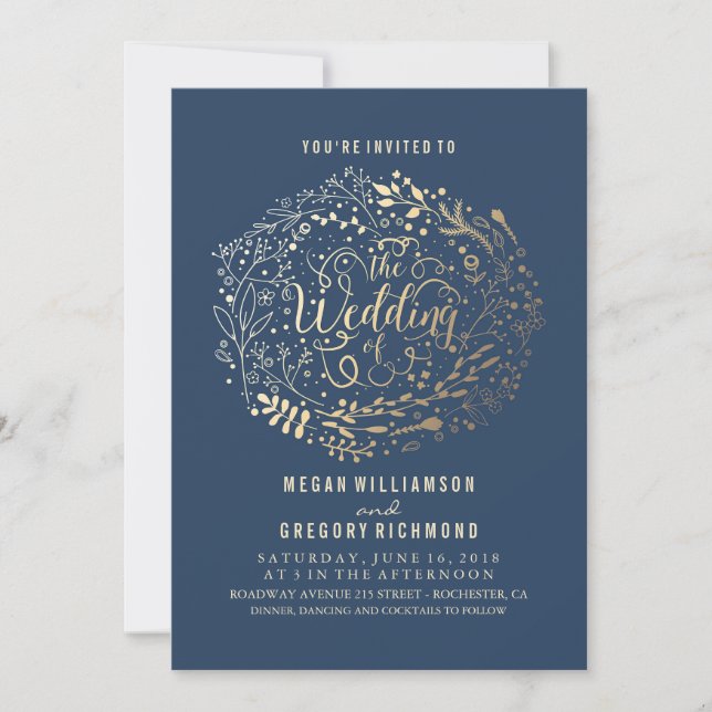 Hochzeit von Navy Imitate Gold Foil Floral Bouquet Einladung (Vorderseite)