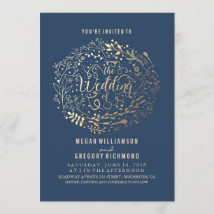 Hochzeit von Navy Imitate Gold Foil Floral Bouquet Einladung