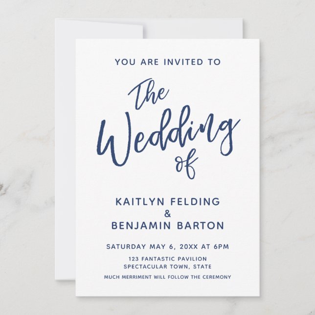 Hochzeit von Navy Lässig-Modern-Minimal-Handtypogr Einladung (Vorderseite)