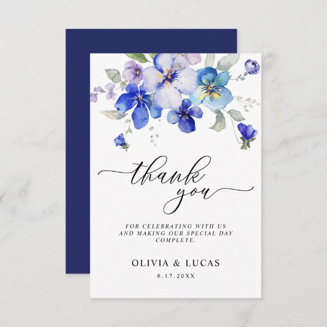 Hochzeit von Navy Lavender Floral Mauve Stiefmütte Dankeskarte (Vorne/Hinten)