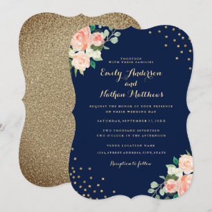 Hochzeit von Navy Peach Gold Floral Confetti Einladung