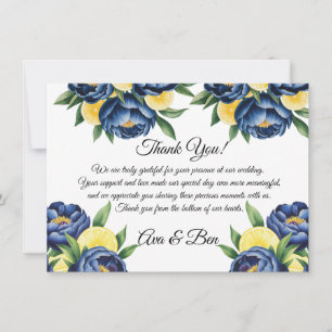 Hochzeit von Navy Peony Citrus Painted Floral Dankeskarte