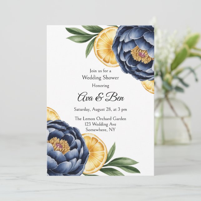 Hochzeit von Navy Peony Citrus Watercolor Einladung (Stehend Vorderseite)