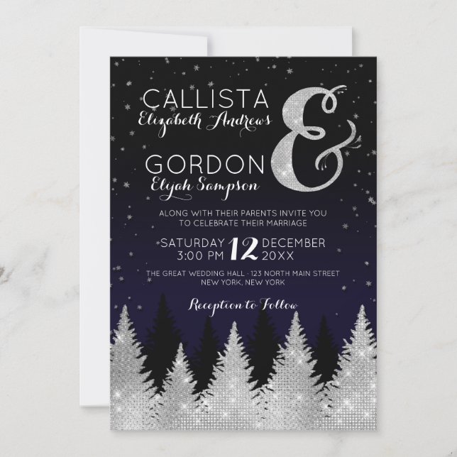 Hochzeit von Navy Silver Glitzer Tree Winter Wonde Einladung (Vorderseite)