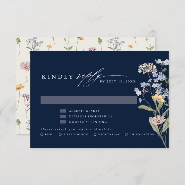 Hochzeit von Navy Spring Wildblume Meadow Garden RSVP Karte (Vorne/Hinten)