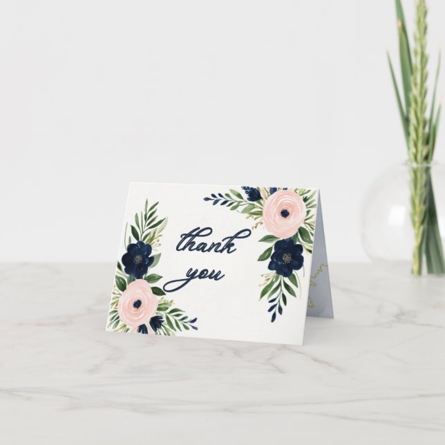 Hochzeit von Navy und Blush Floral Danke Karte (Vorderseite)