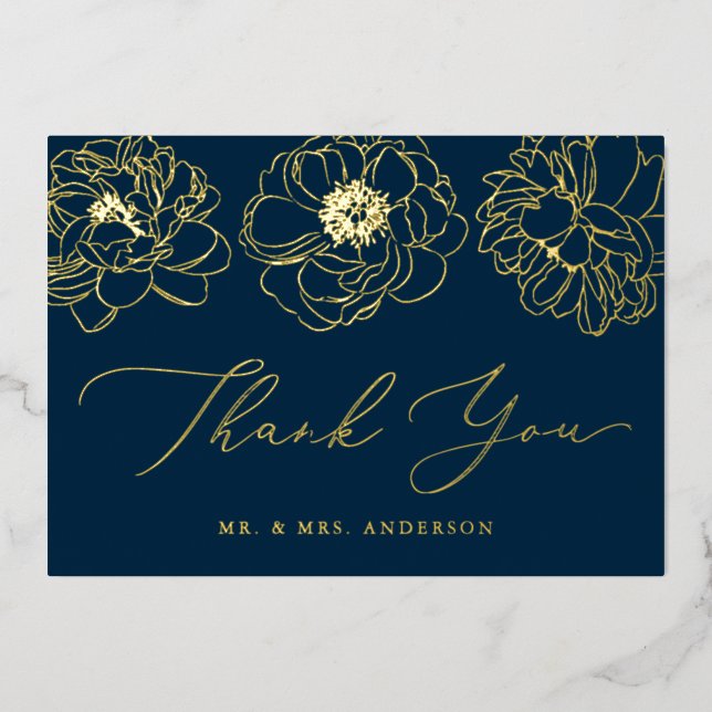 Hochzeit von Navy und Gold Foil Floral Dankeschön  Folieneinladung (Vorderseite)