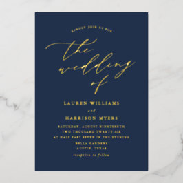 Hochzeit von Navy und Gold Script-Fotos Folieneinladung