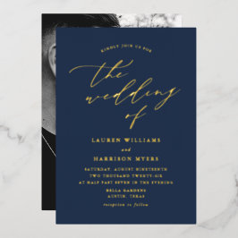 Hochzeit von Navy und Gold Script-Fotos Folieneinladung