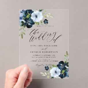 Hochzeit von Navy- und Hellblauen Blumenskripten Acryleinladungen