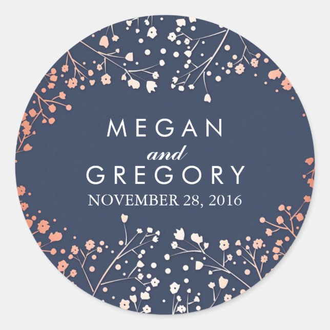 Hochzeit von Navy und Rose Gold Gipskraut Runder Aufkleber (Vorderseite)