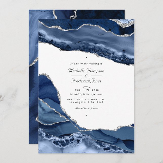Hochzeit von Navy und Silver Agate QR Code UAWG Einladung (Vorne/Hinten)
