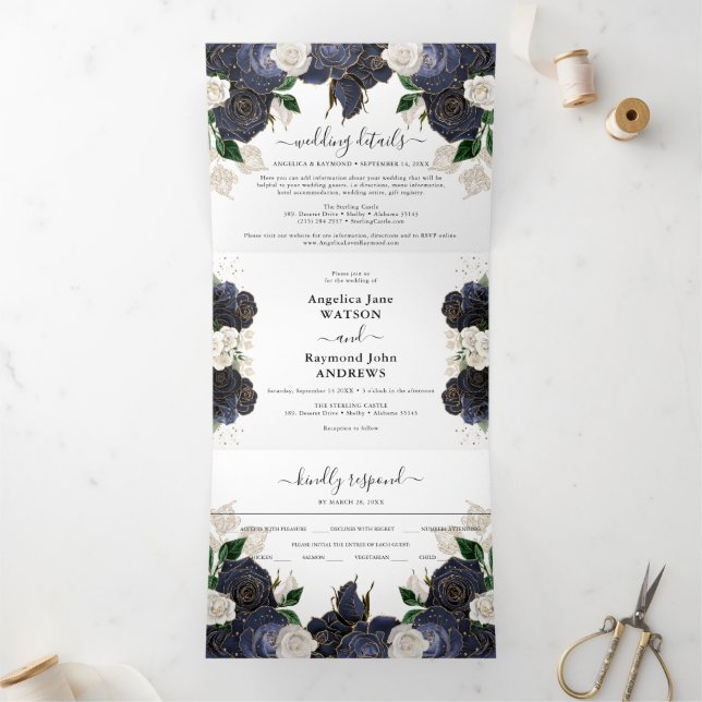 Hochzeit von Navy und White Floral Dreifach Gefaltete Einladung (Innenseite)