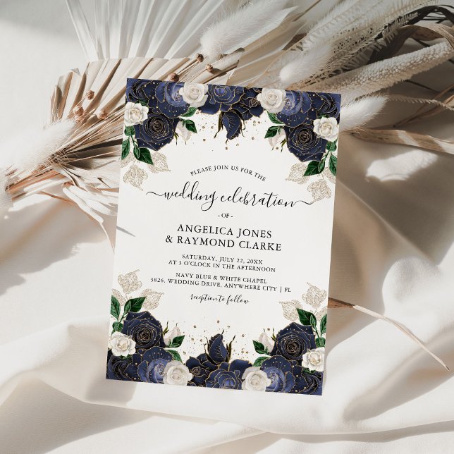 Hochzeit von Navy und White Floral Einladung (Von Creator hochgeladen)