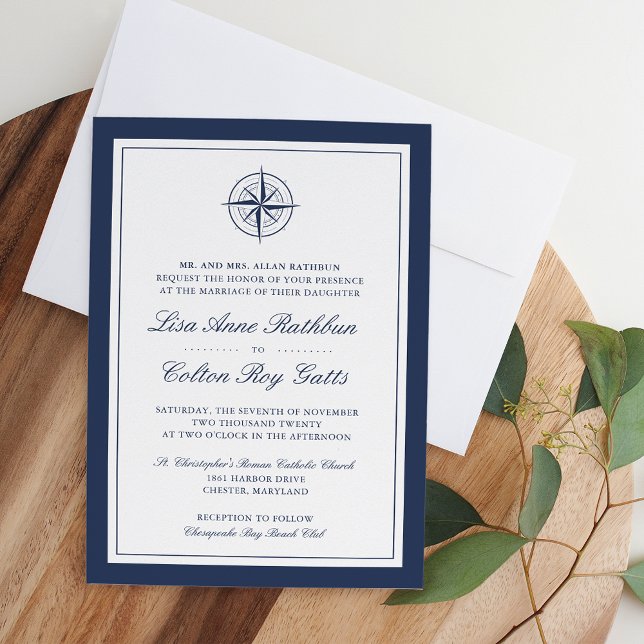 Hochzeit von Navy und White Nautical Compass Einladung (Von Creator hochgeladen)