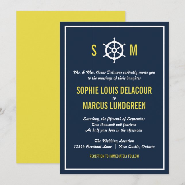 Hochzeit von Navy und Yellow Nautical Monogram Einladung (Vorne/Hinten)