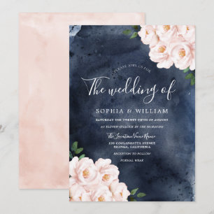 Hochzeit von Navy-Watercolor-Blush-Blume Einladung