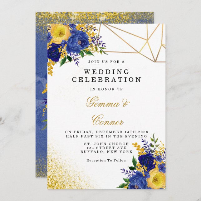 Hochzeit von navy Yellow Painted Floral Gold Einladung (Vorne/Hinten)