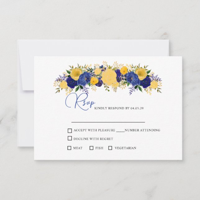 Hochzeit von Navy & Yellowish Gold Floral Bouquet RSVP Karte (Vorderseite)