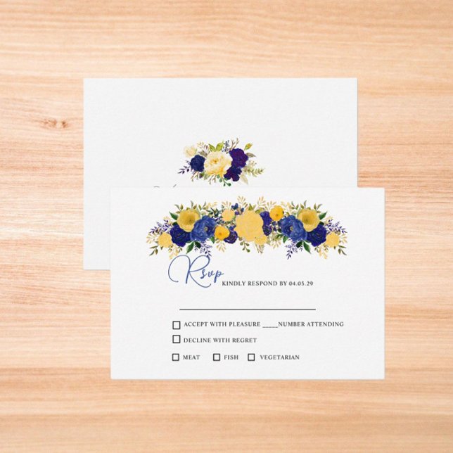 Hochzeit von Navy & Yellowish Gold Floral Bouquet RSVP Karte (Von Creator hochgeladen)