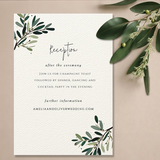 Hochzeit von Olivenbäumen Begleitkarte (Olive tree branch wedding invitation suite reception card, olive green watercolor reception invite)