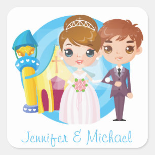Hochzeit von personalisierten Cartoon und Lieben Quadratischer Aufkleber