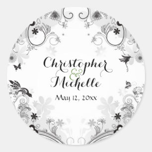 Hochzeit von personalisierten Vögeln und Blumengär Runder Aufkleber