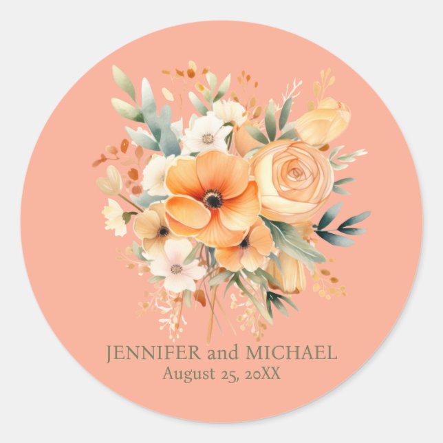 Hochzeit von Pfirsich und Grüner Flora Runder Aufkleber (Vorderseite)