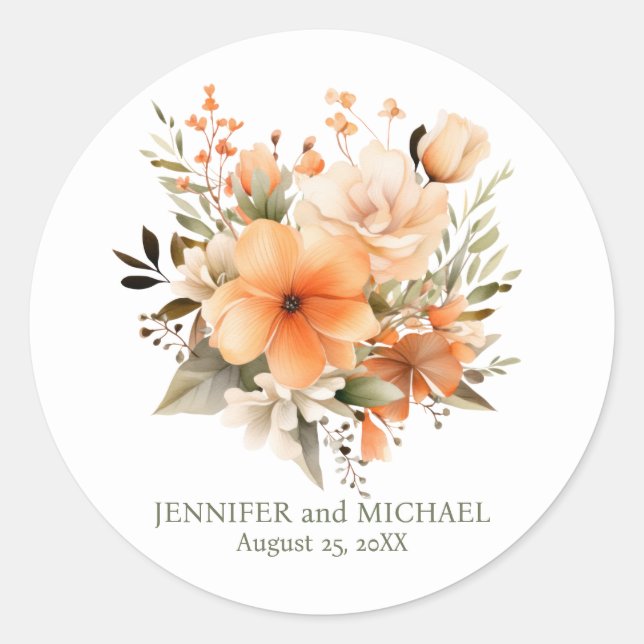 Hochzeit von Pfirsich und Grüner Flora Runder Aufkleber (Vorderseite)