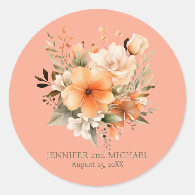 Hochzeit von Pfirsich und Grüner Flora Runder Aufkleber (Vorderseite)