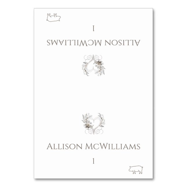 Hochzeit von Platzkarten-Pork Icon-Blume mit Herz Tischnummer (Vorderseite)