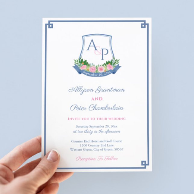 Hochzeit von Preppy Navy und Pink Monogram Wappen Einladung (Hand-painted in watercolor navy blue and bold pink roses monogram wedding crest save the date card)