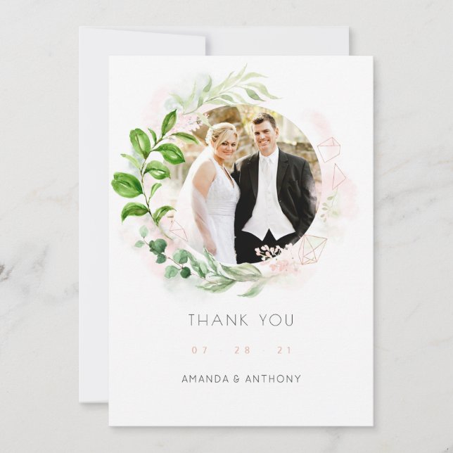 Hochzeit von Rose Gold und Blush Geometric Greener Dankeskarte (Vorderseite)