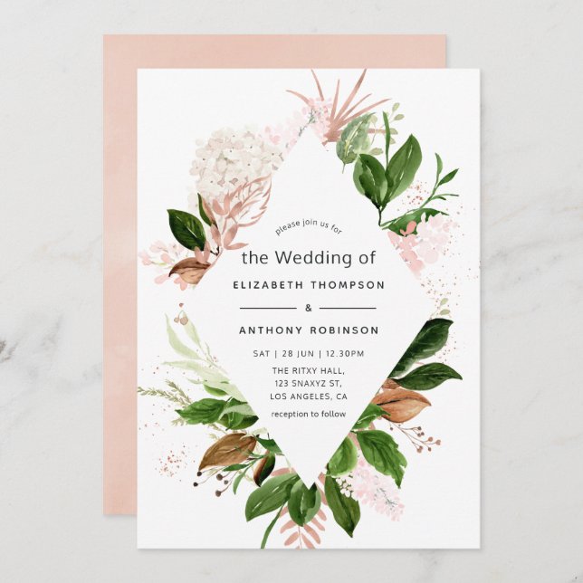 Hochzeit von Rose Gold und Blush Geometric Greener Einladung (Vorne/Hinten)