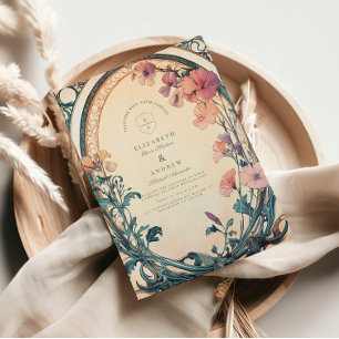 Hochzeit von Rost Blue Bloom Einladung