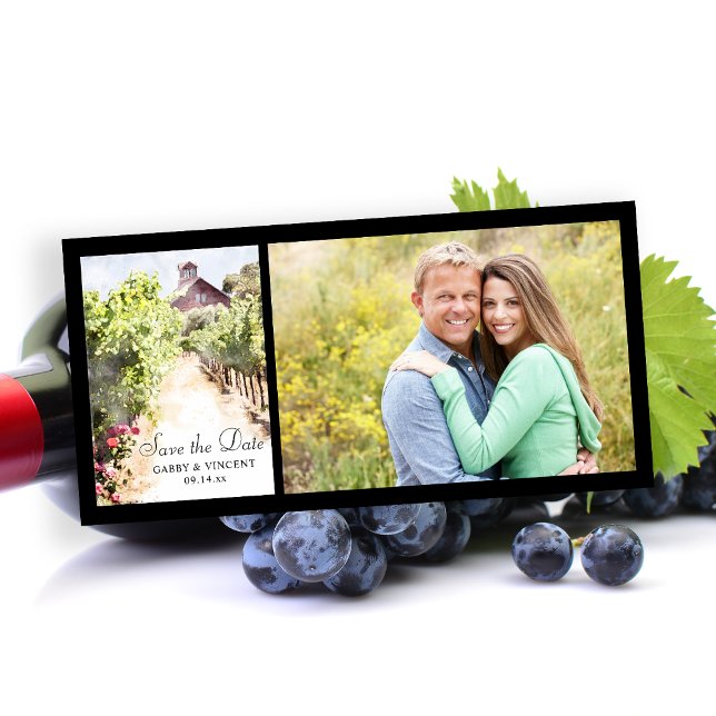Hochzeit von Rotkäppchen im Weingarten Save The Date (Set the tone for your winery marriage with the rustic Vineyard and Barn Watercolor Save the Date.)
