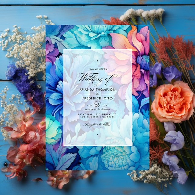 Hochzeit von Royal Blue, Türkis und Korallenflora Einladung (Von Creator hochgeladen)