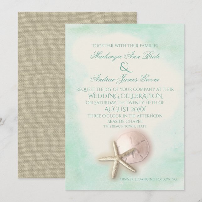 Hochzeit von Sand Dollar und Starfish Aqua Mint Einladung (Vorne/Hinten)