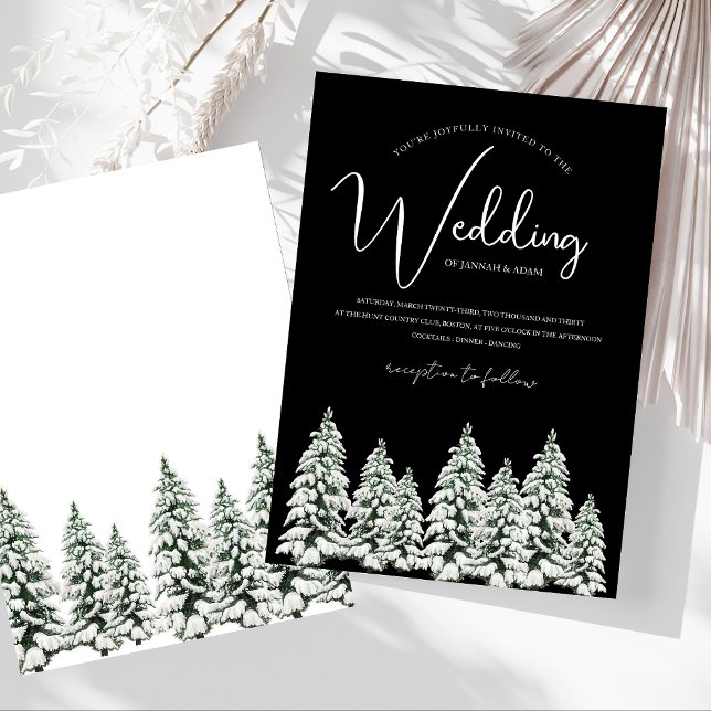 Hochzeit von Schwarz-Weiß-Schnee-Pine Einladung (Winter Black and White Snowy Pine Trees Wedding Invitation)