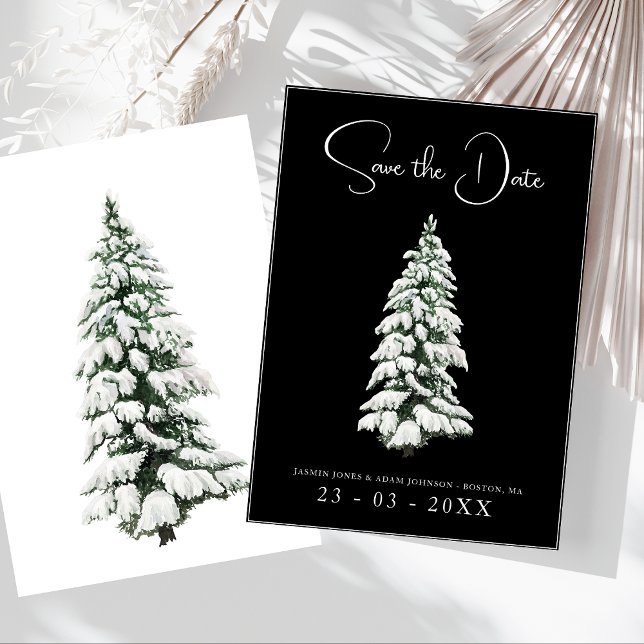 Hochzeit von Schwarz-Weiß-Schnee-Pine Save The Date (Winter Black and White Snowy Pine Tree Wedding Save The Date)