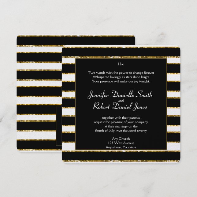 Hochzeit von Schwarz-weißen Glitzer und Gold Einladung (Vorne/Hinten)