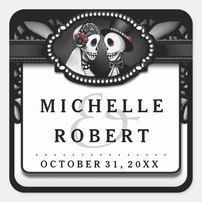 Hochzeit von Schwarz-weißen Spitzen-Namen Skelette Quadratischer Aufkleber (Vorderseite)