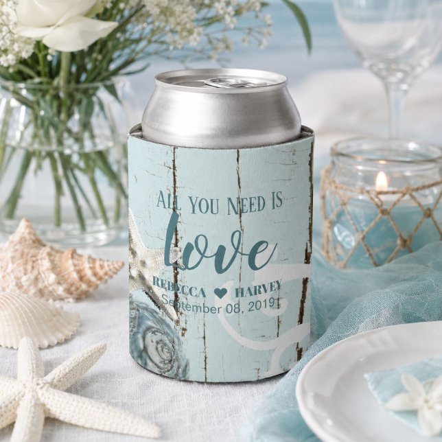 Hochzeit von Seestern mit Seestern Dosenkühler (nautical beach aqua blue seashell starfish wedding can cooler)