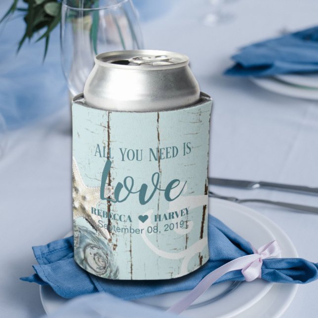 Hochzeit von Seestern mit Seestern Dosenkühler (nautical beach aqua blue seashell starfish wedding can cooler)