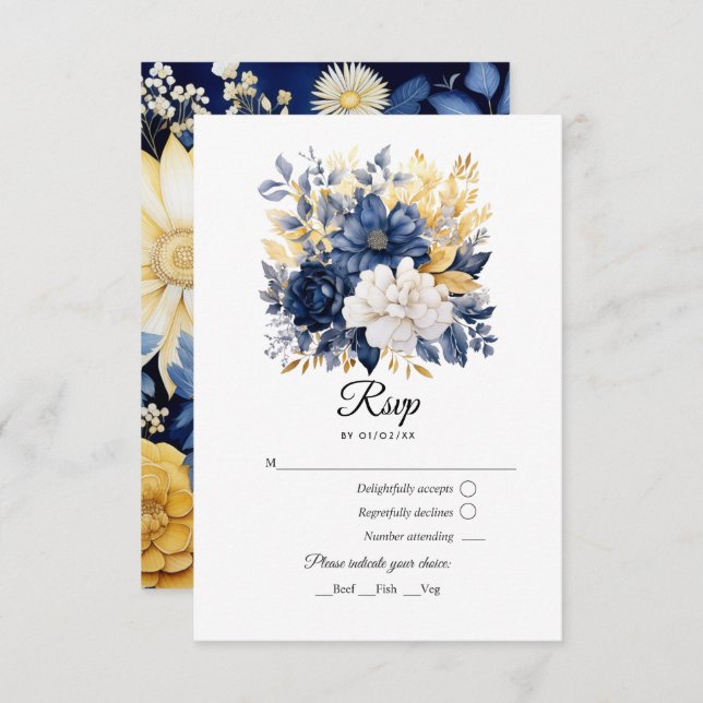 Hochzeit von Seestreitkräften, Weißblumen und Gold RSVP Karte (Vorne/Hinten)