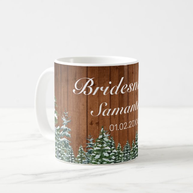 Hochzeit von Snowy Wood & Forest Country Bridesmai Kaffeetasse (Vorderseite Links)