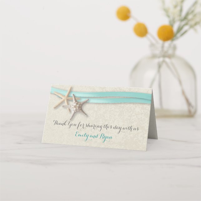 Hochzeit von Starfish und Ribbon Aqua Beach Platzkarte (Rückseite)