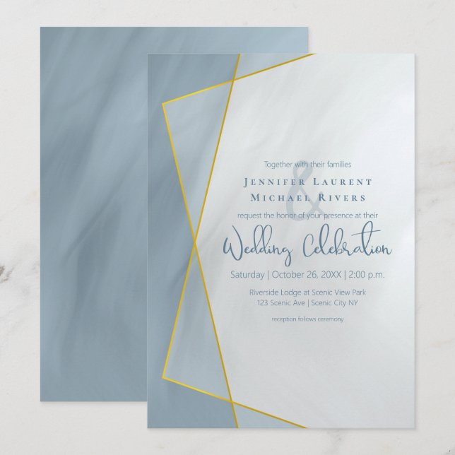 Hochzeit von staubblauer geometrischer Typografie Einladung (Vorne/Hinten)